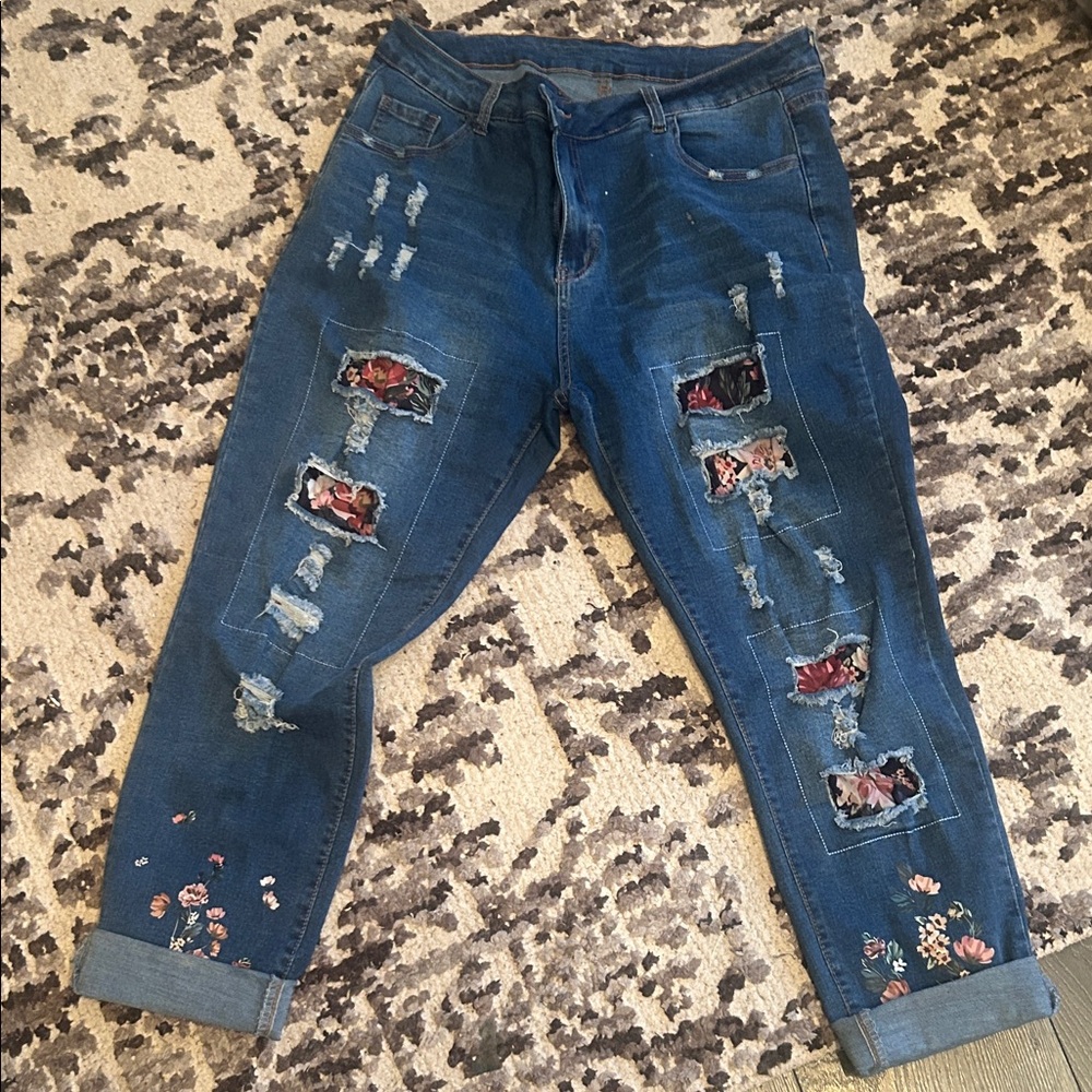 Floral Patch Distressed Blue Jeans